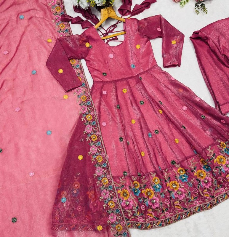 Malishka Export Pink Embroidered Anarkali Gown With Dupatta for Women - Image 4